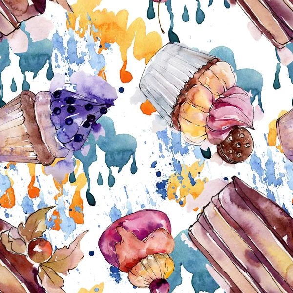 Chutný koláč a dezert ve vodním stylu. Vodakbarevná ilustrace nastavena. Bezespání vzorek pozadí. — Stock fotografie