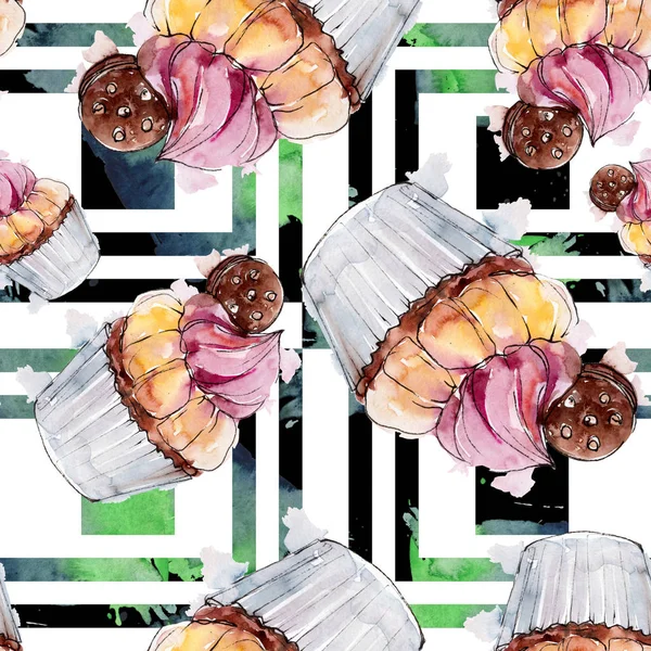Tasty cupcake and dessert in a watercolor style. Watercolour illustration set. Seamless background pattern. — Stock Photo, Image