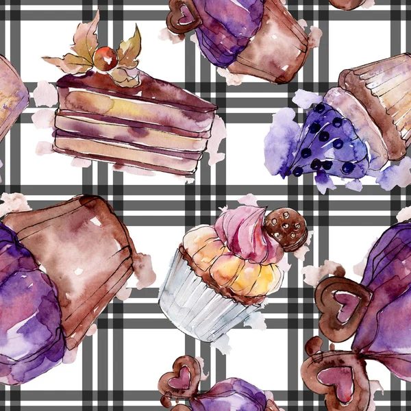 Smakelijke cupcake en dessert in een aquarel stijl. Aquarel illustratie instellen. Naadloos achtergrond patroon. — Stockfoto