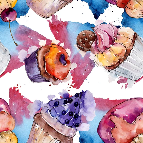 Smakelijke cupcake en dessert in een aquarel stijl. Aquarel illustratie instellen. Naadloos achtergrond patroon. — Stockfoto