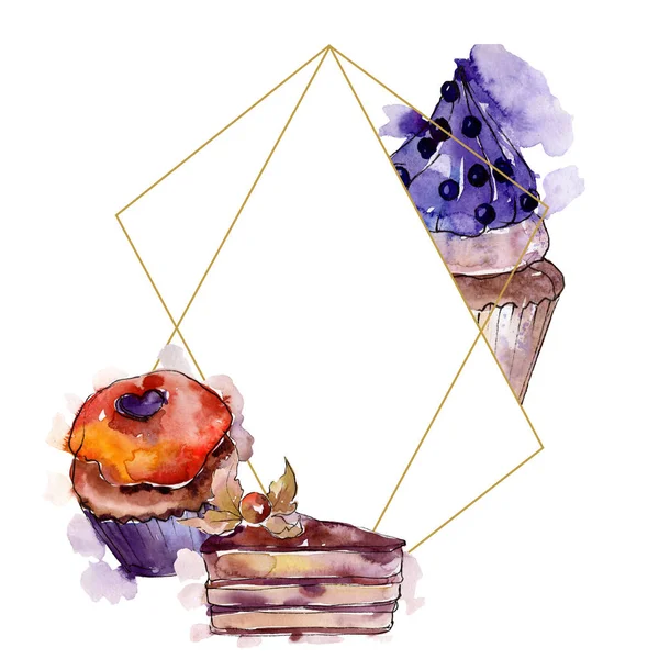 Bolo saboroso e sobremesa comida doce. Conjunto de ilustração backgriund aquarela. Quadro borda ornamento quadrado . — Fotografia de Stock