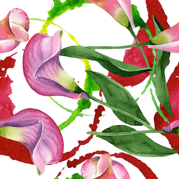 Rosafarbene Calla-Blüte. Aquarell Hintergrundillustration Set. nahtloses Hintergrundmuster. — Stockfoto