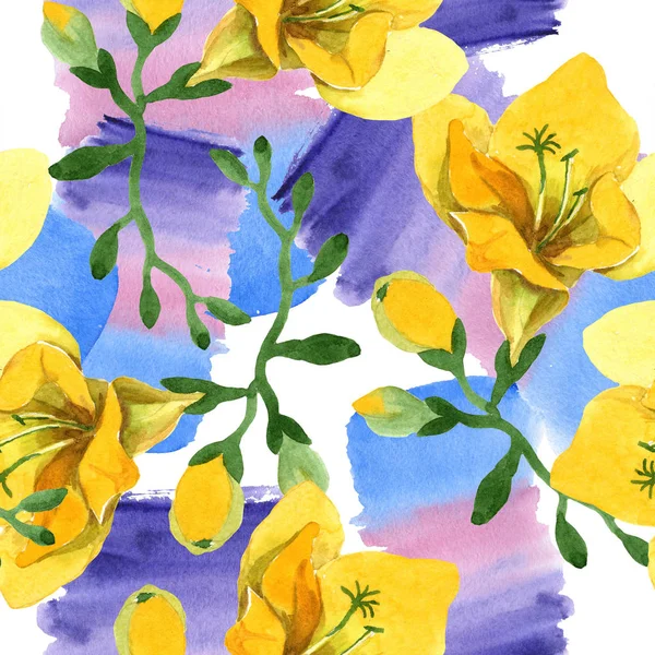 Żółty frezja kwiatowy kwiatów botanicznych. Akwarela b RZEBIEG zestaw ilustracji. Płynny wzór tła. — Zdjęcie stockowe