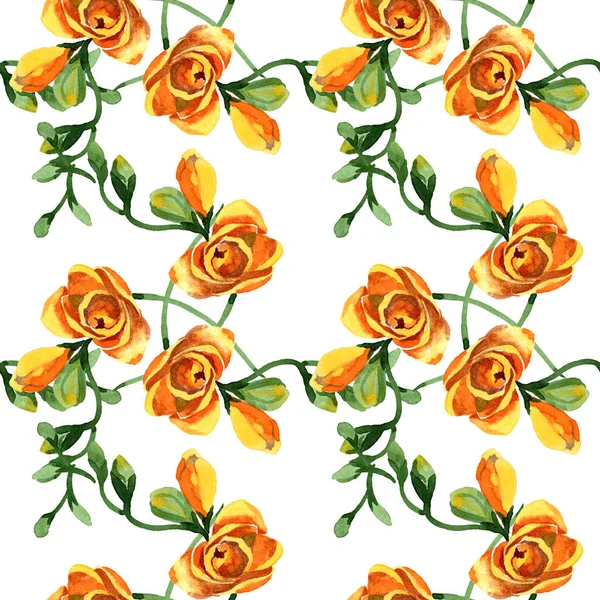 노란색 프리지아 꽃 식물 꽃입니다. 수채화 b ackground 일러스트 세트입니다. 원활한 배경 패턴. — 스톡 사진