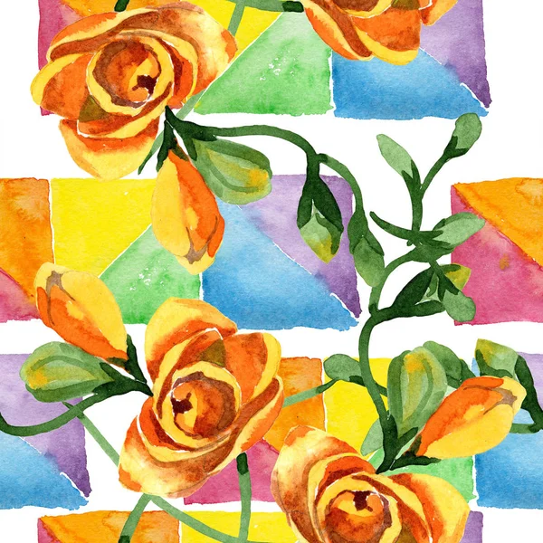 Sarı freesia çiçek botanik çiçekleri. Suluboya b ackground illüstrasyon seti. Kesintisiz arka plan deseni.