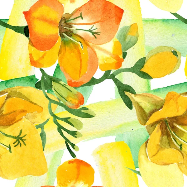 Sarı freesia çiçek botanik çiçekleri. Suluboya b ackground illüstrasyon seti. Kesintisiz arka plan deseni.