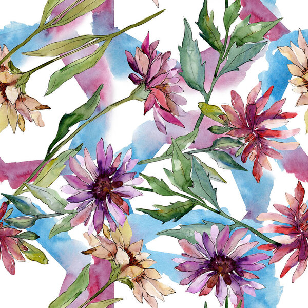 Aster floral botanical flowers. Watercolor background illustration set. Seamless background pattern.