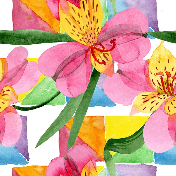 핑크 알스트로에메리아 꽃 식물 꽃입니다. 수채화 배경 일러스트 세트입니다. 원활한 배경 패턴. — 스톡 사진