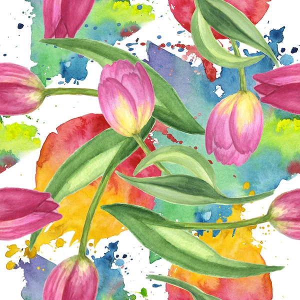 Flor botânica floral tulipa roxa. Conjunto de ilustração de fundo aquarela. Padrão de fundo sem costura . — Fotografia de Stock