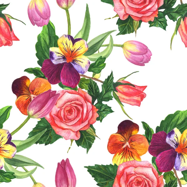 Альт, троянда і тюльпан квіткові ботанічні квітки. Набір ілюстрацій для фону акварелі. Безшовний Фоновий малюнок. — стокове фото