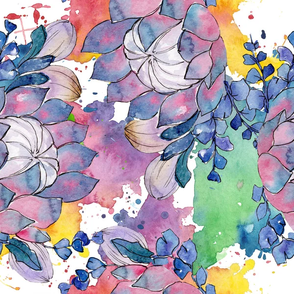 Bouqet lezzetli çiçek botanik çiçekleri. Suluboya arka plan illüstrasyon seti. Kesintisiz arka plan deseni.