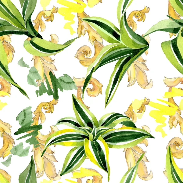 Dracena yeşil yaprakları. Yaprak bitki botanik çiçek yaprakları. Suluboya illüstrasyon seti. Kesintisiz arka plan deseni.