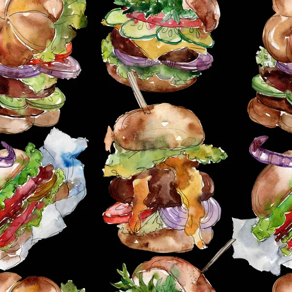 Гамбургер фаст-фуд ізольований. Набір ілюстрацій для акварельного фону. Безшовний задній візерунок землі . — стокове фото