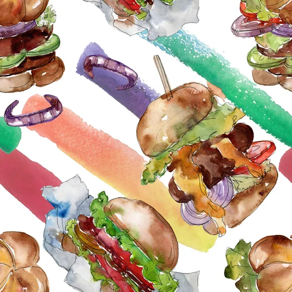 Hamburger fast food isolated. Watercolor background illustration set. Seamless back ground pattern. — Stock Photo, Image