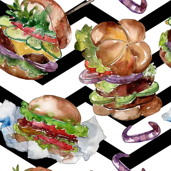 Hamburger gyorsétterem. Akvarell háttér illusztráció meg. Varrás nélküli, hátsó alapmintázat. — Stock Fotó