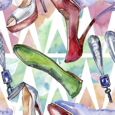 Moda kroki glamour çizimde bir suluboya stil izole öğesi. Sorunsuz arka plan deseni.