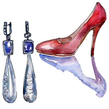 Moda kroki glamour çizimde bir suluboya stil izole öğesi. Suluboya arka plan ayarlamak.