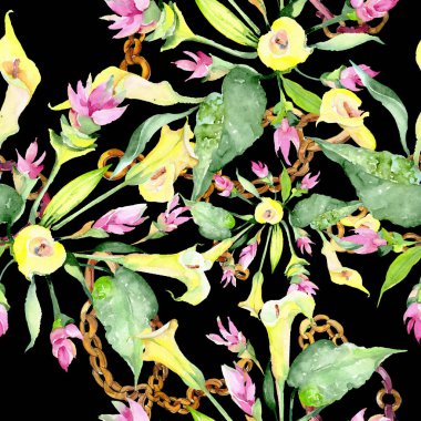 Buket çiçek botanik çiçekler. Suluboya arka plan illüstrasyon küme. Sorunsuz arka plan deseni.