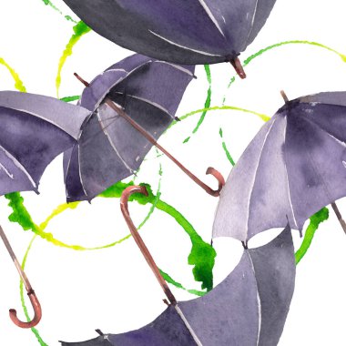 Siyah yürüyen şemsiye. Suluboya arka plan illüstrasyon seti. Kesintisiz arka plan deseni.