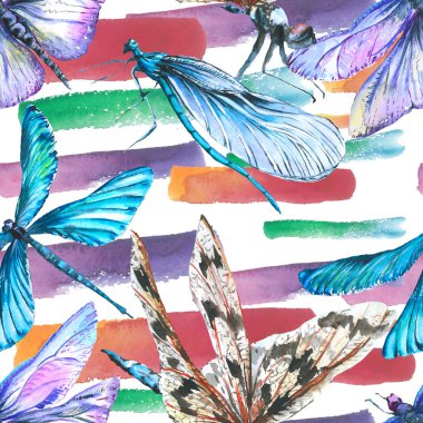 Egzotik yusufçuk vahşi böcek. Suluboya arka plan illüstrasyon seti. Kesintisiz arka plan deseni.