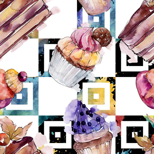 Smakelijke cupcake en dessert in een aquarel stijl. Aquarel illustratie instellen. Naadloos achtergrond patroon. — Stockfoto