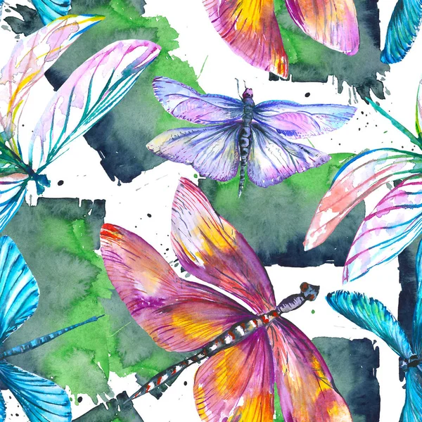 Exotic dragonfly wild insect. Watercolor background illustration set. Seamless background pattern.
