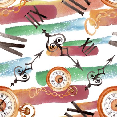 Vintage eski saat cep saati. Suluboya arka plan illüstrasyon seti. Kesintisiz arka plan deseni.