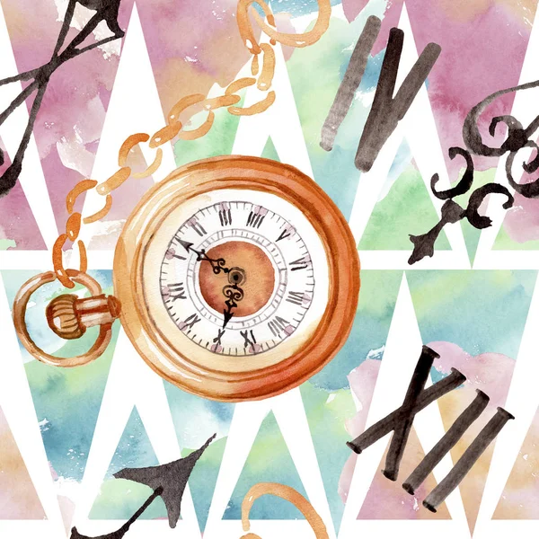 Vintage oude klok zakhorloge. Aquarel achtergrond illustratie instellen. Naadloos achtergrond patroon. — Stockfoto