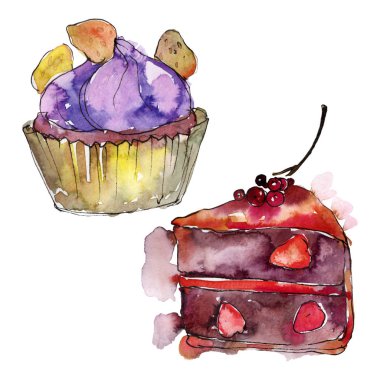 Lezzetli pasta ve çörek suluboya tarzında. Arka plan illüstrasyon ayarlayın. Suluboya çizim moda aquarelle izole.