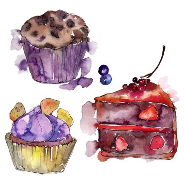 Lezzetli pasta ve çörek suluboya tarzında. Arka plan illüstrasyon ayarlayın. Suluboya çizim moda aquarelle izole.