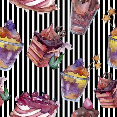 Suluboya tarzında lezzetli kek ve tatlı. Suluboya illüstrasyon seti. Kesintisiz arka plan deseni.