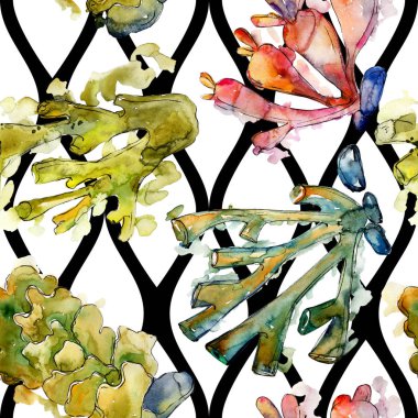 Renkli su sualtı doğa mercan kayalığı. Suluboya arka plan illüstrasyon küme. Sorunsuz arka plan deseni.