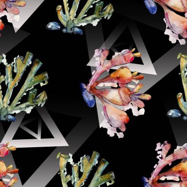 Renkli su sualtı doğa mercan kayalığı. Suluboya arka plan illüstrasyon küme. Sorunsuz arka plan deseni.