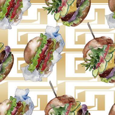 Hamburger fast food izole. Suluboya arka plan illüstrasyon seti. Dikişsiz arka zemin deseni.