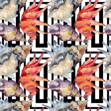 Yaz plaj deniz kabuğu tropikal unsurlar. Suluboya illüstrasyon seti. Kesintisiz arka plan deseni.