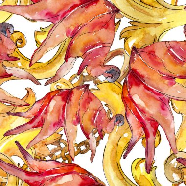 Yaz plaj deniz kabuğu tropikal unsurlar. Suluboya illüstrasyon seti. Kesintisiz arka plan deseni.