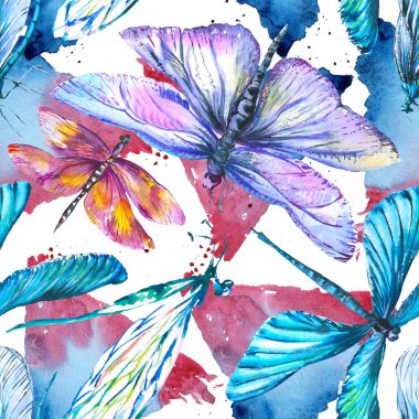 Egzotik yusufçuk vahşi böcek. Suluboya arka plan illüstrasyon seti. Kesintisiz arka plan deseni.