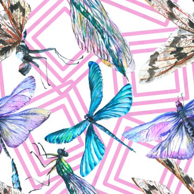 Egzotik yusufçuk vahşi böcek. Suluboya arka plan illüstrasyon seti. Kesintisiz arka plan deseni.