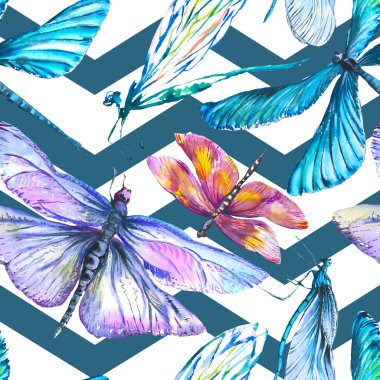 Egzotik yusufçuk vahşi böcek. Suluboya arka plan illüstrasyon seti. Kesintisiz arka plan deseni.