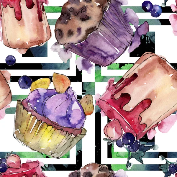 Leckere Kuchen und Brötchen im Aquarell-Stil. Aquarell-Illustrationsset. nahtloses Hintergrundmuster. — Stockfoto