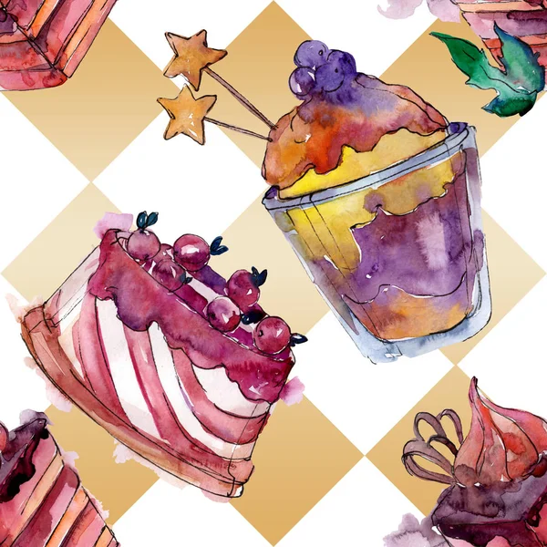 Tasty cake and dessert in a watercolor style. Watercolour illustration set. Seamless background pattern. — Stock Photo, Image