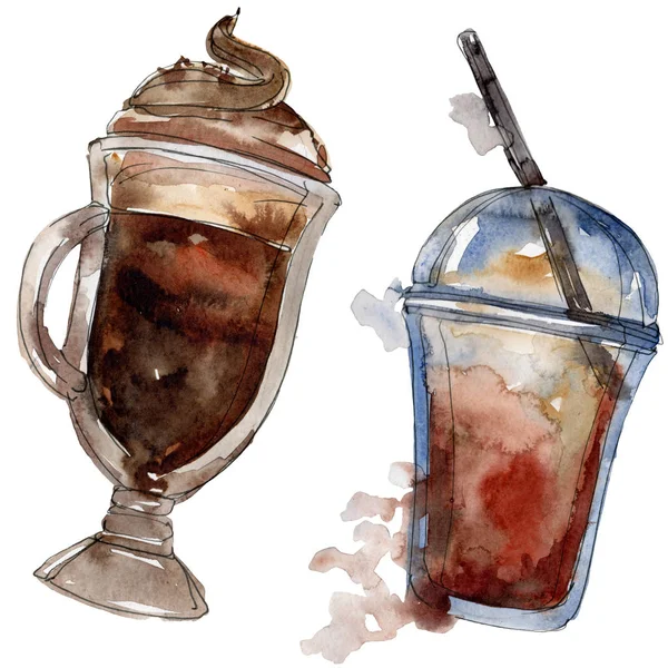 Bebidas de café quentes e frias. Conjunto de ilustração de fundo aquarela. Bebidas isoladas elemento ilustrativo . — Fotografia de Stock