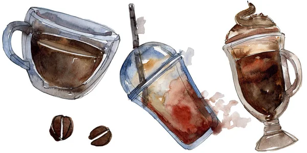 Bebidas de café frío y caliente. Conjunto de ilustración de fondo acuarela. Elemento ilustrativo de bebidas aisladas . —  Fotos de Stock