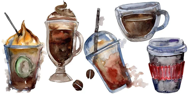 Warme en koude koffie dranken. Aquarel achtergrond illustratie instellen. Geïsoleerde dranken illustratie element. — Stockfoto