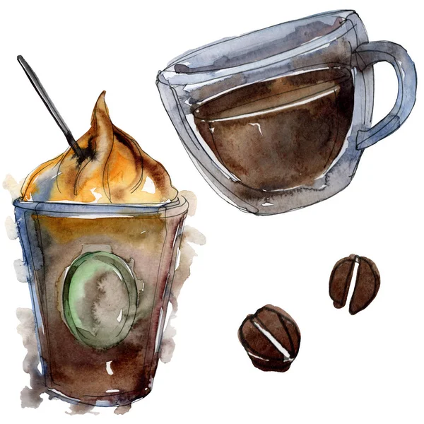 ホットコーヒーとコールドコーヒー。●水彩背景イラストセット。絶縁ドリンクイラスト要素. — ストック写真