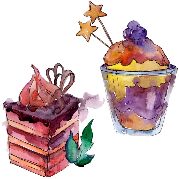 Tasty cake and dessert in a watercolor style. Background illustration set. Watercolour drawing aquarelle isolated. — Stock Photo, Image