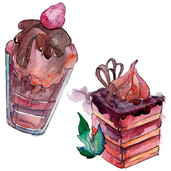 Leckeren Kuchen und Dessert im Aquarell-Stil. Hintergrund Illustrationen gesetzt. Aquarell Zeichnung Aquarell isoliert. — Stockfoto