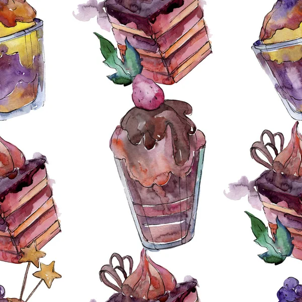 Tasty cake and dessert in a watercolor style. Watercolour illustration set. Seamless background pattern. — Stock Photo, Image