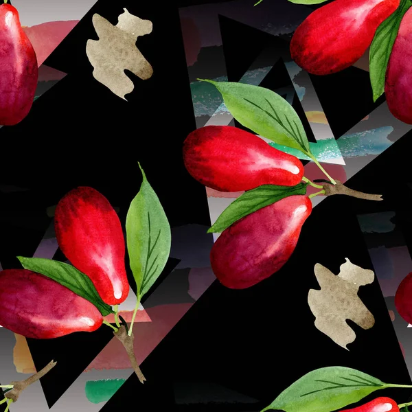 Dogwood fruta roja y hojas verdes. Conjunto de ilustración de fondo acuarela. Patrón de fondo sin costuras . — Foto de Stock