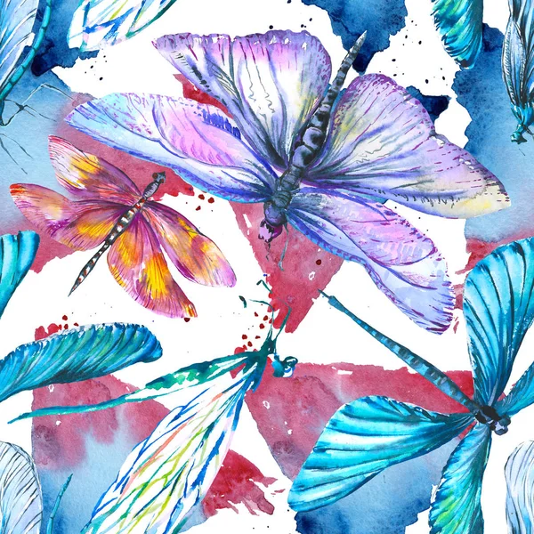 Egzotik yusufçuk vahşi böcek. Suluboya arka plan illüstrasyon seti. Kesintisiz arka plan deseni.